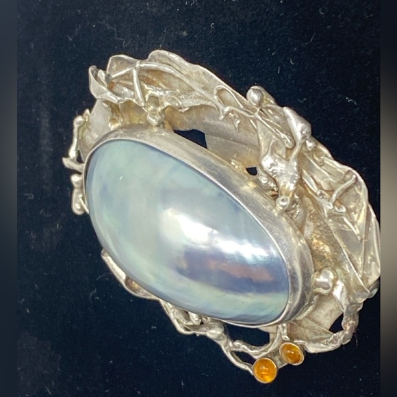 Antique 925 Sterling Silver brooch W/Mother Of Pearl And Amber - Picture 5 of 13